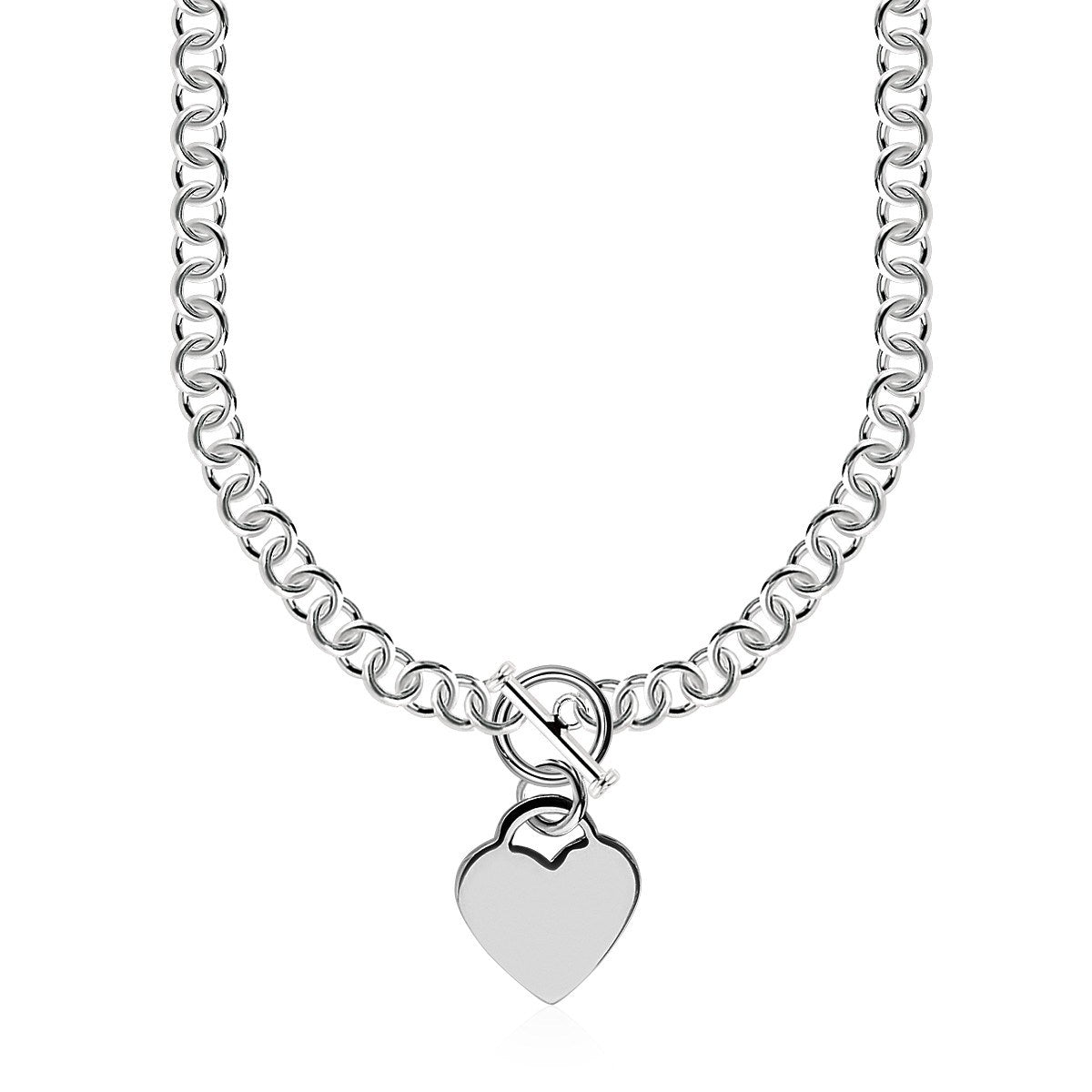 Sterling zilveren Rolo-ketting met een hartvormige schakelbedel en rhodium-plating