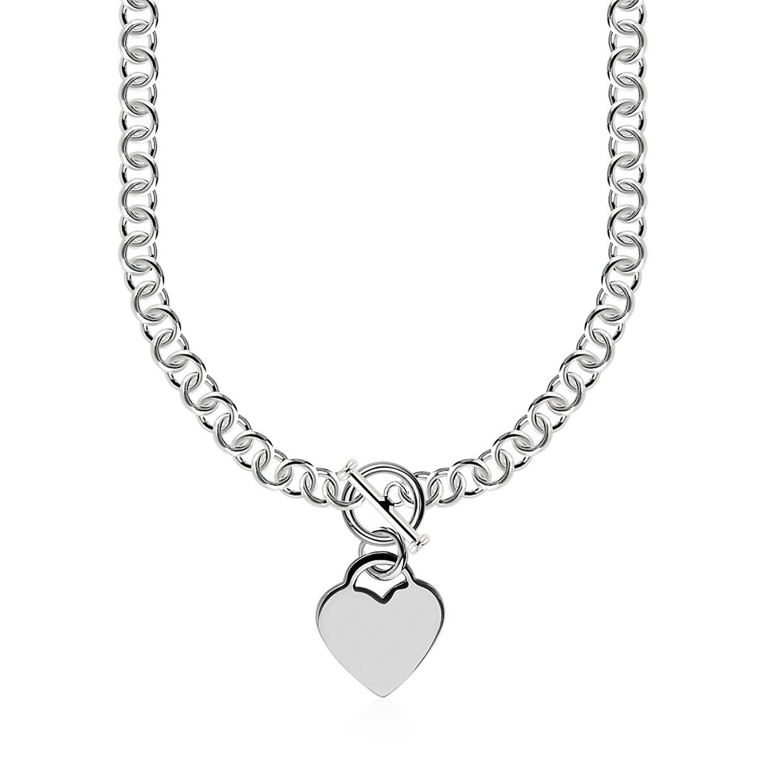 Sterling zilveren Rolo-ketting met een hartvormige schakelbedel en rhodium-plating