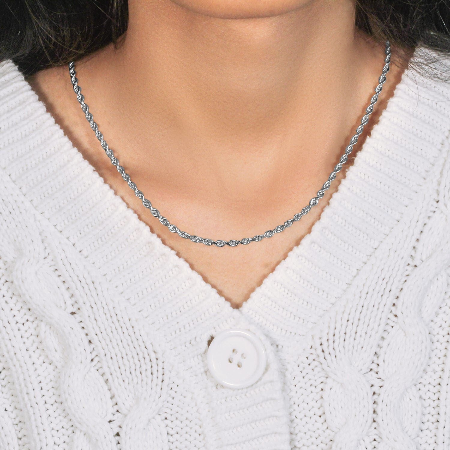 Chaîne corde en or blanc massif 14 carats à facettes diamantées (3,00 mm)