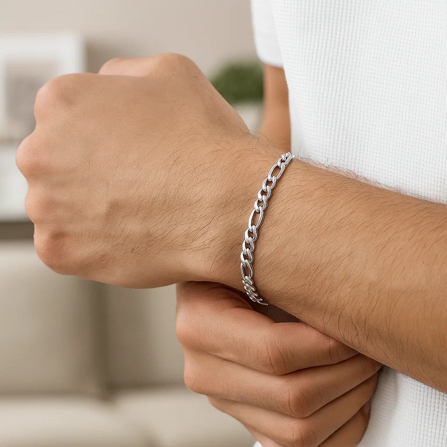 14k White Gold Solid Figaro Bracelet (3.80 mm)