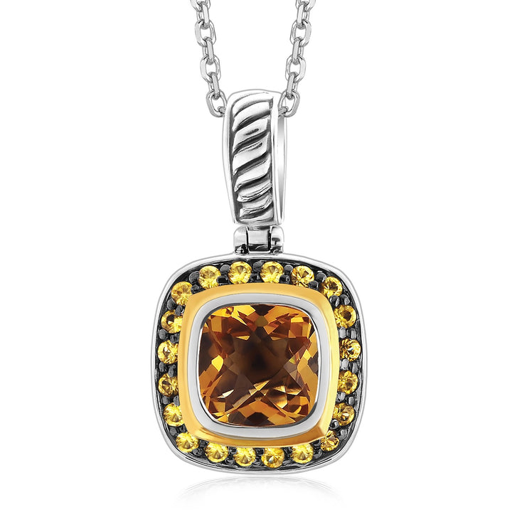 Pendentif carré en or jaune 18 carats et argent sterling orné de citrines et de saphirs