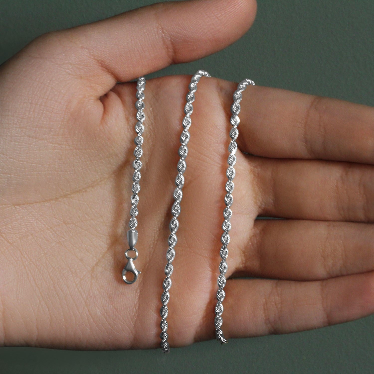 Chaîne corde en or blanc massif 14 carats à facettes diamantées (2,50 mm)