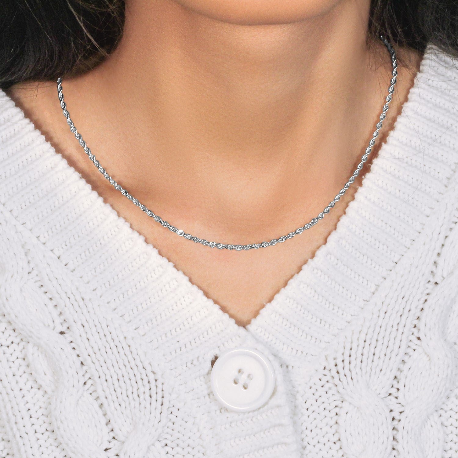 Chaîne corde en or blanc massif 14 carats à facettes diamantées (2,50 mm)