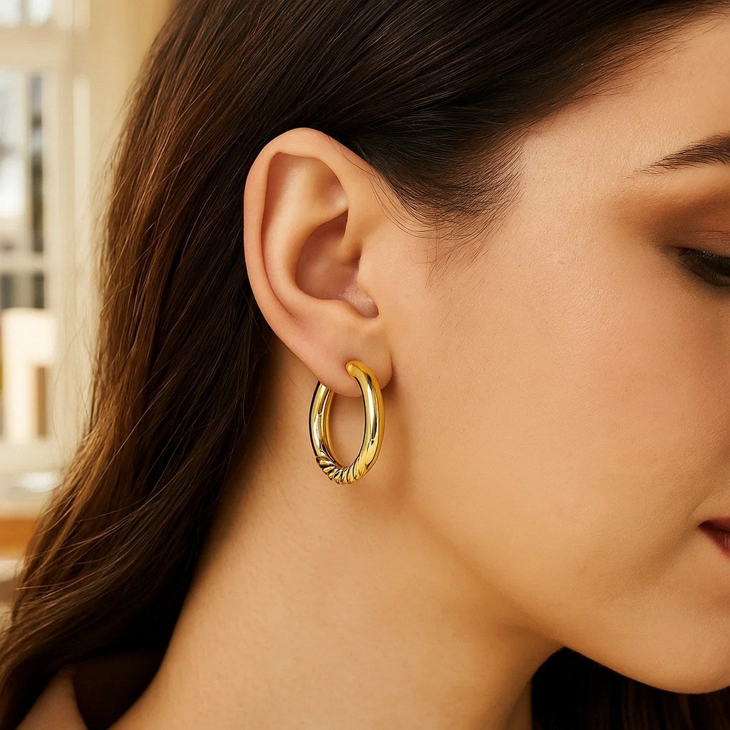 14K Yellow Gold Twisted Large Hoop Earrings