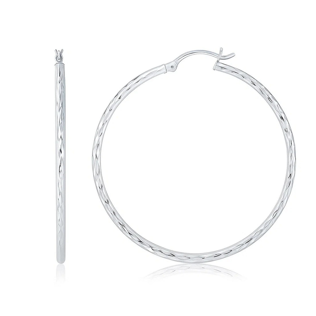14k White Gold Diamond Cut Hoop Earrings (1 3/4 inch Diameter)