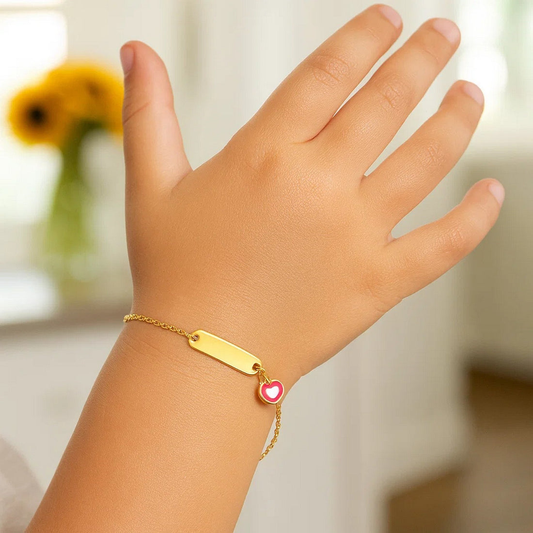 14k Yellow Gold 5 1/2 inch Childrens ID Bracelet with Enameled Heart (1.00 mm)
