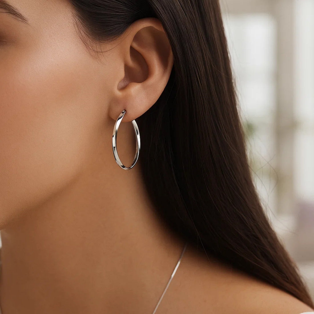 14k White Gold Mobius Twisted Hoop Earrings(1.5x50mm)