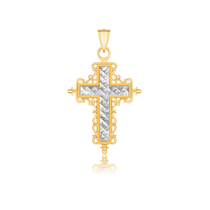 Pendentif croix en or bicolore 14 carats, taillé en diamant et d'inspiration baroque