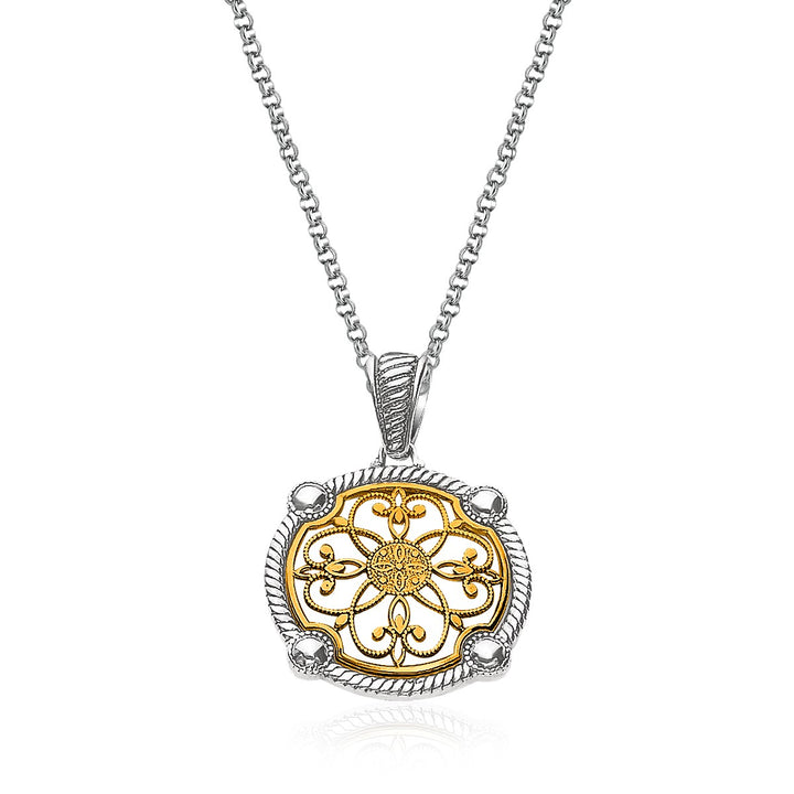 Collier en or jaune 14 carats et argent sterling avec pendentif floral en filigrane raffiné