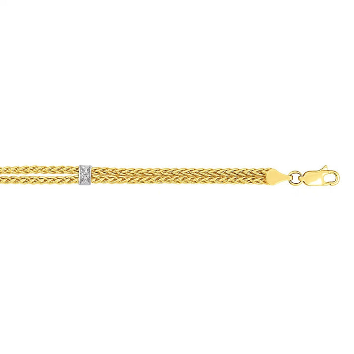 14k Two-Tone Gold Dual Wheat Chain Bracelet with Diamond Stations (3.75 mm)