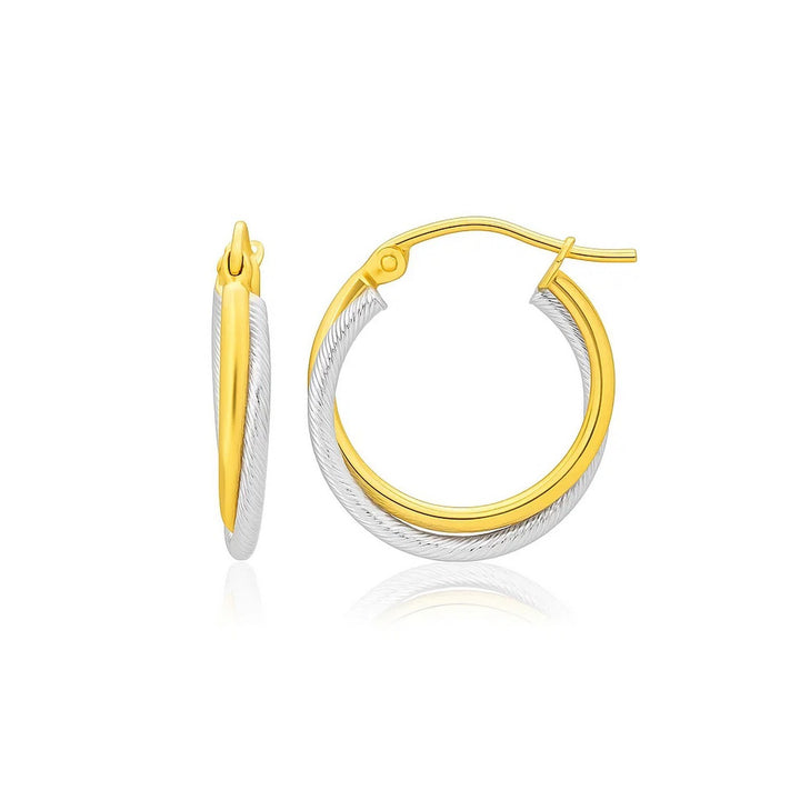 14k Two Tone Gold Double Polished and Textured Hoop Earrings
