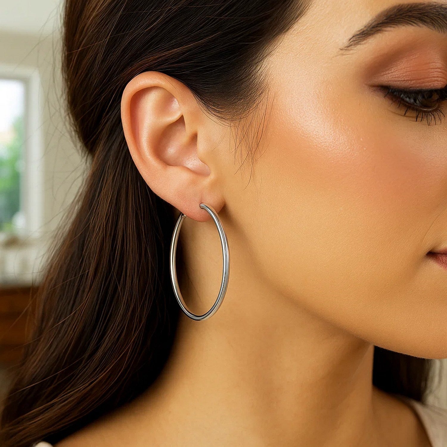 14k White Gold Polished Hoop Earrings (3x50mm)