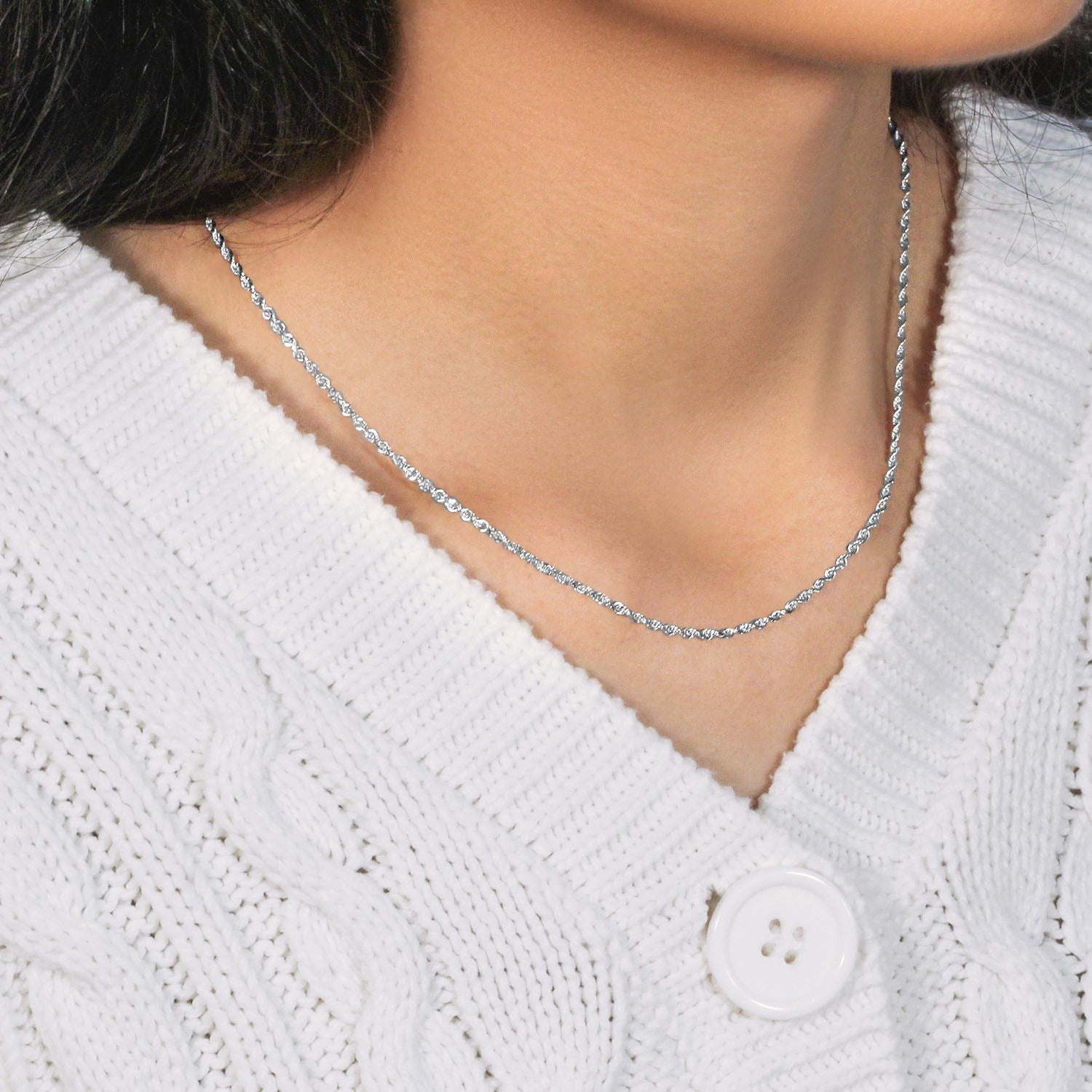 Chaîne corde en or blanc massif 14 carats à facettes diamantées (2,00 mm)