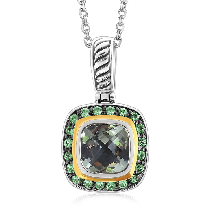 Pendentif en or jaune 18 carats et argent sterling, orné d'une tsavorite et d'une améthyste verte