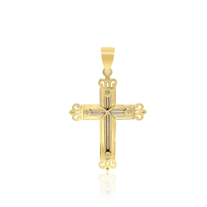 Pendentif croix en or bicolore 14 carats avec un style orné de bourgeons