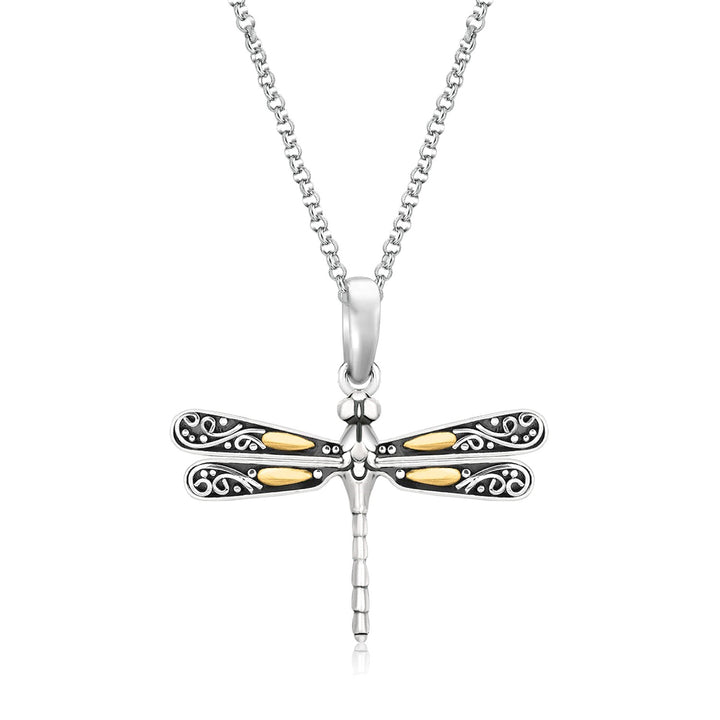 Pendentif en or jaune 18 carats et argent sterling, motif libellule
