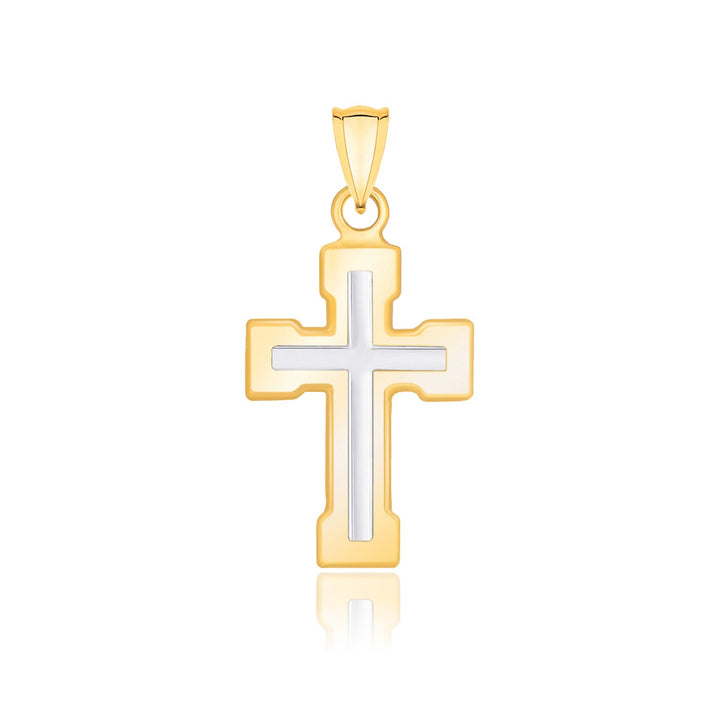Pendentif double croix en or bicolore 14 carats avec extrémités rectangulaires