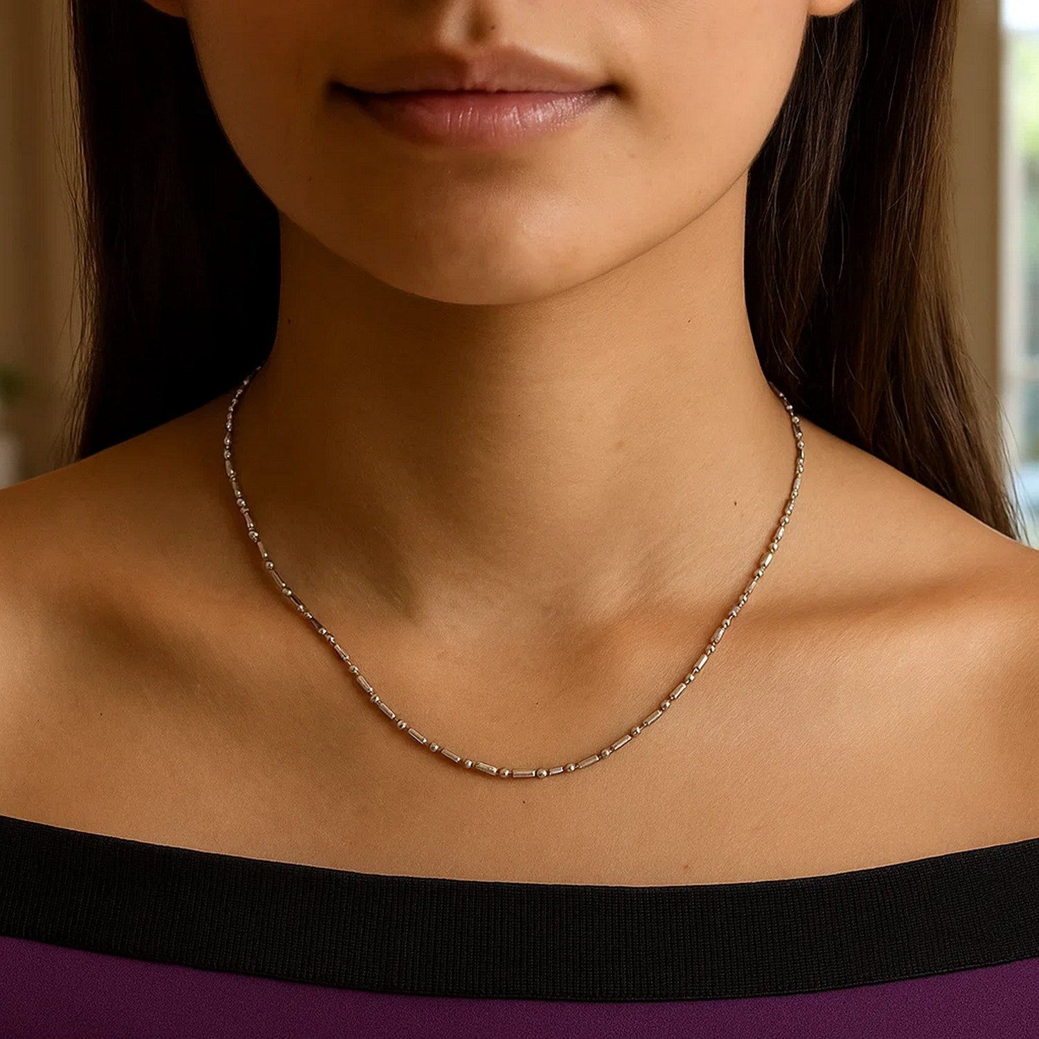 14k witgouden afwisselende kralenketting met diamantslijpsel (1,30 mm)