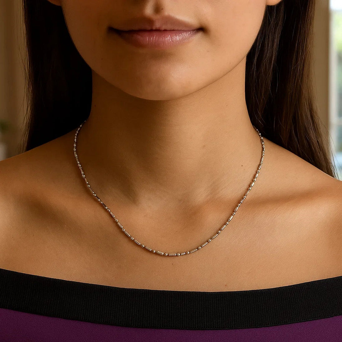 14k witgouden afwisselende kralenketting met diamantslijpsel (1,30 mm)