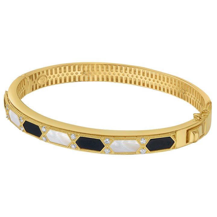 14K Yellow Gold Black And White Art Deco Hexagon Bangle