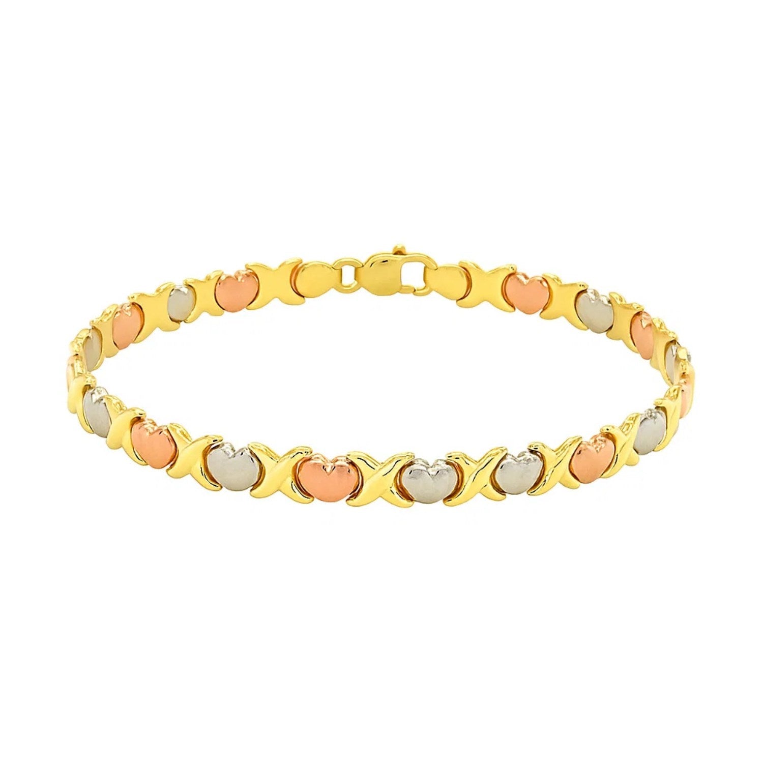 14k Tri-Color Gold Fancy Satin Heart Line Bracelet (6.35 mm)