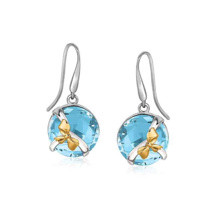 18K Yellow Gold and Sterling Silver Bow Motif Round Blue Topaz Drop Earrings