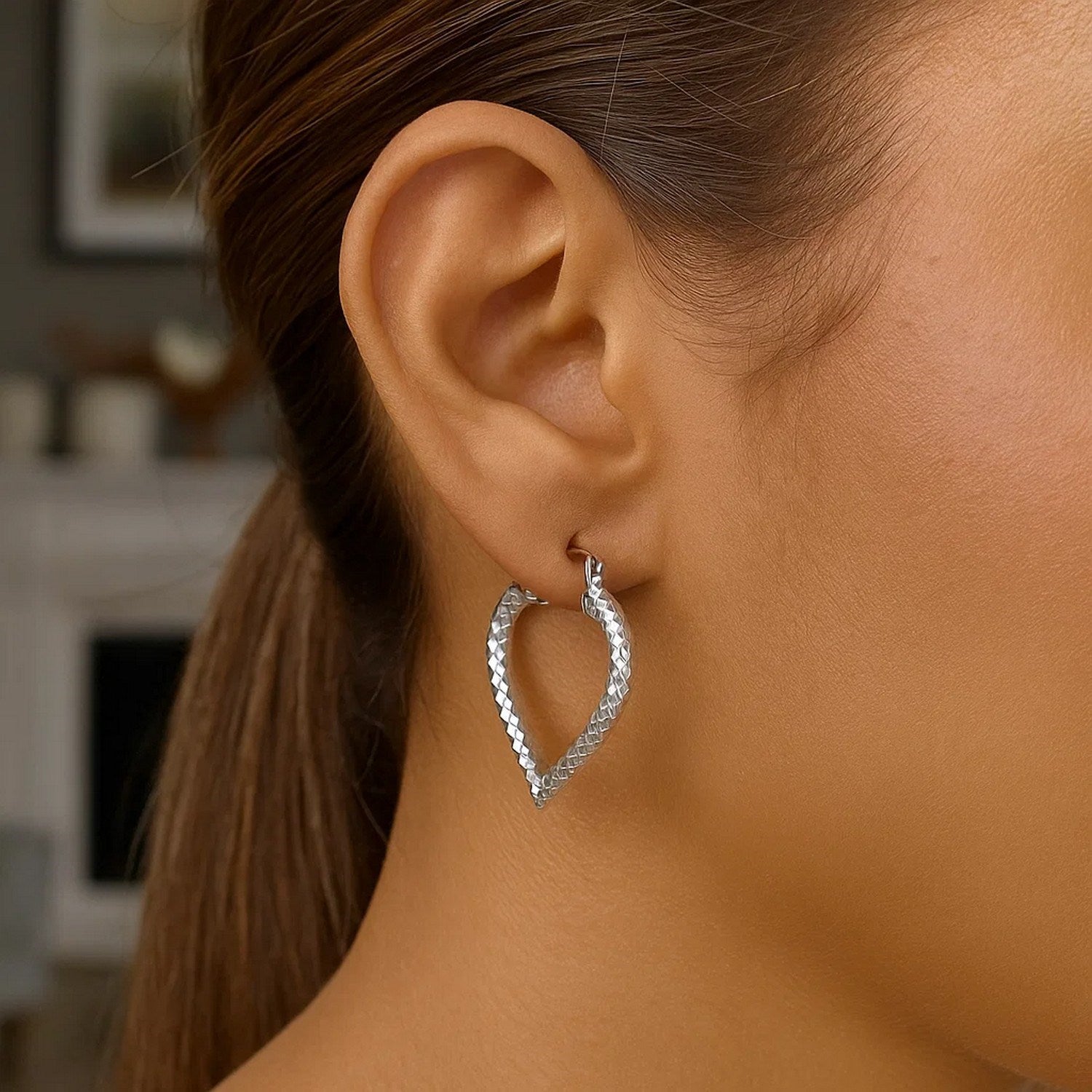 Sterling Silver Rhodium Plated Heart Style Hoop Diamond Cut Earrings(3x22mm)