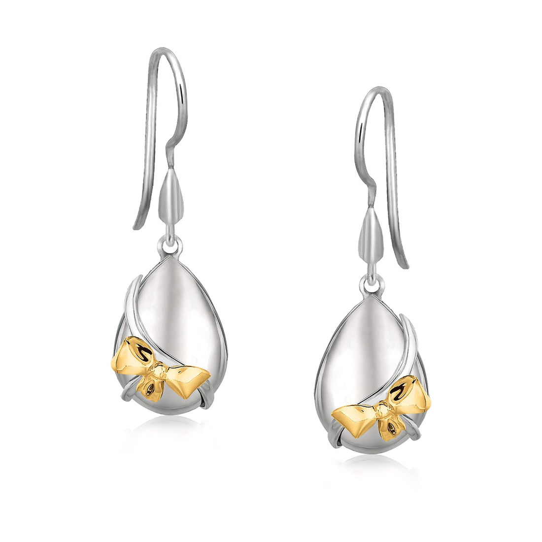 18K Yellow Gold and Sterling Silver Teardrop Shape Bow Accented Drop Earrings