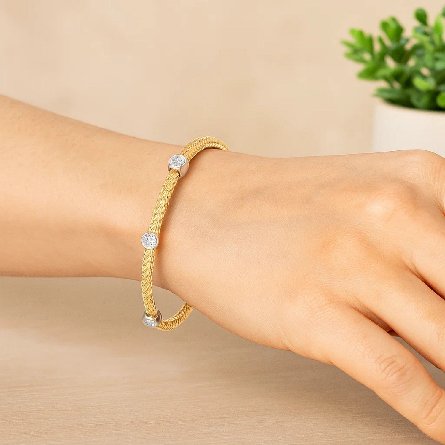 14k Two-Tone Gold Diamond Accent Station Basket Weave Bracelet (3.80 mm)