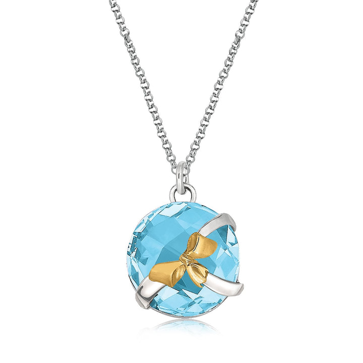 Pendentif rond en topaze bleue, style nœud papillon, en or jaune 18 carats et argent sterling