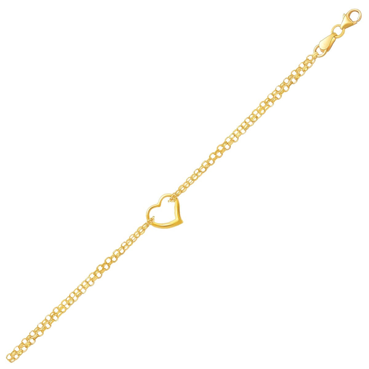 Bracelet de cheville à double chaîne rolo en or jaune 14 carats avec un pendentif cœur ouvert
