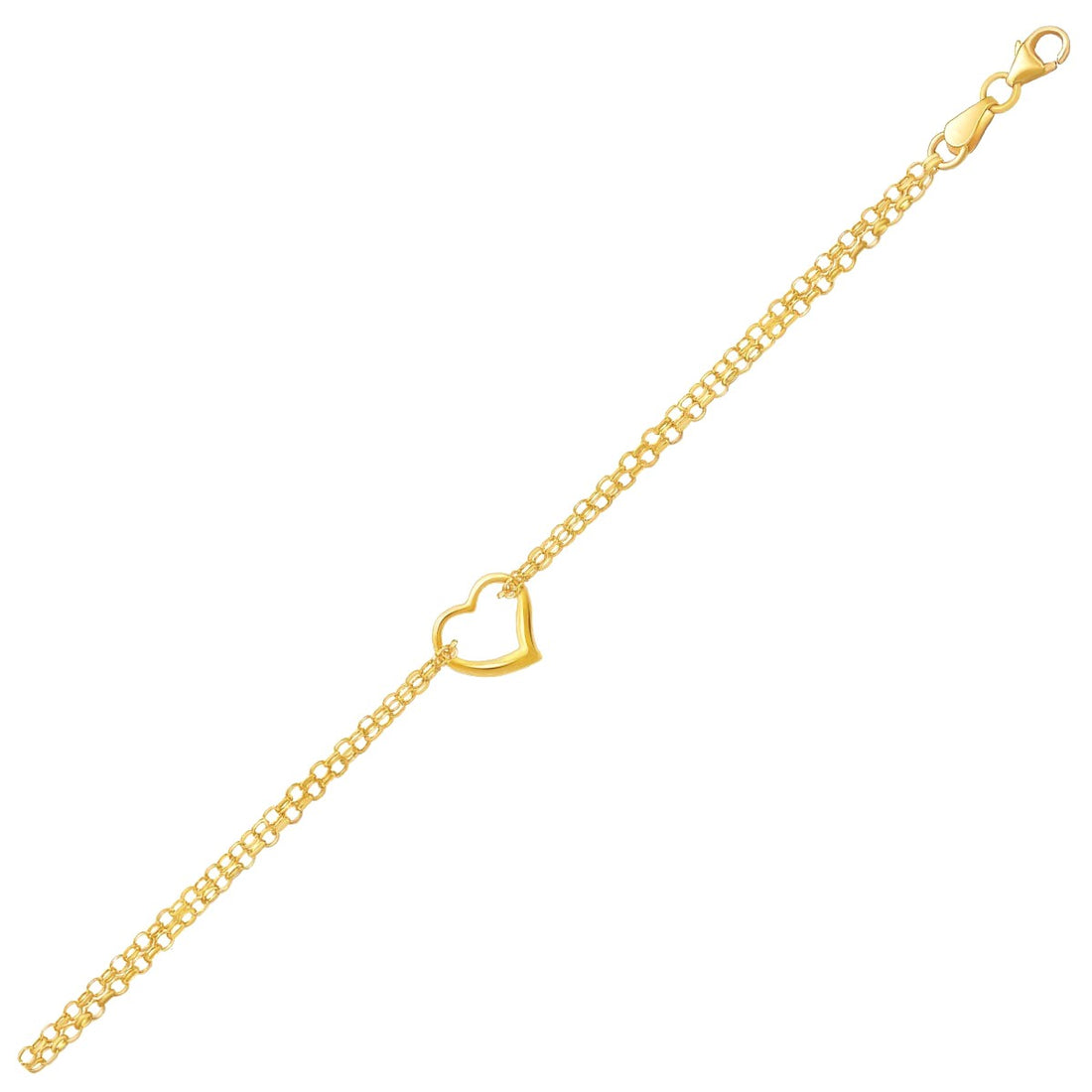 Bracelet de cheville à double chaîne rolo en or jaune 14 carats avec un pendentif cœur ouvert
