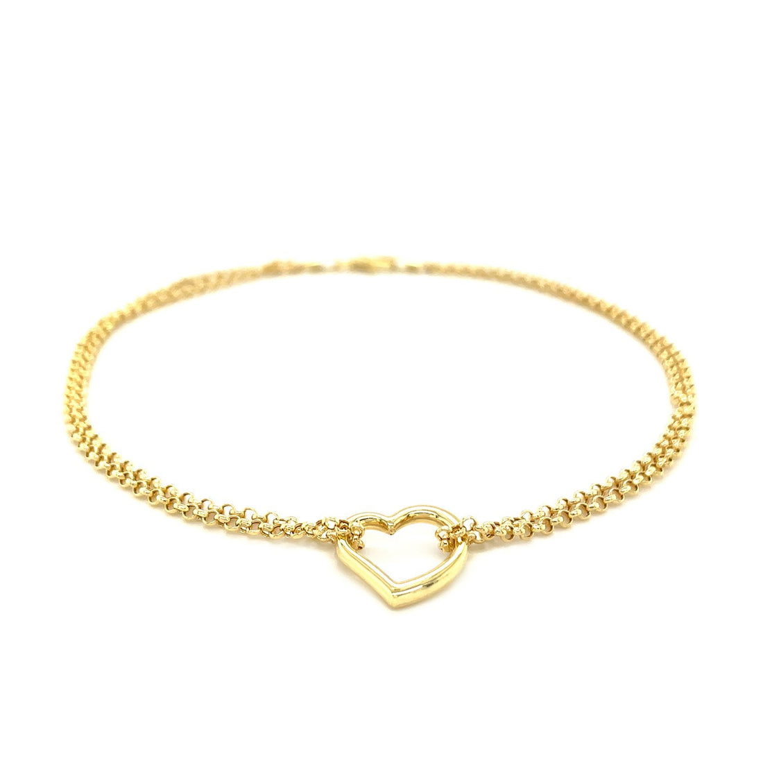 Bracelet de cheville à double chaîne rolo en or jaune 14 carats avec un pendentif cœur ouvert