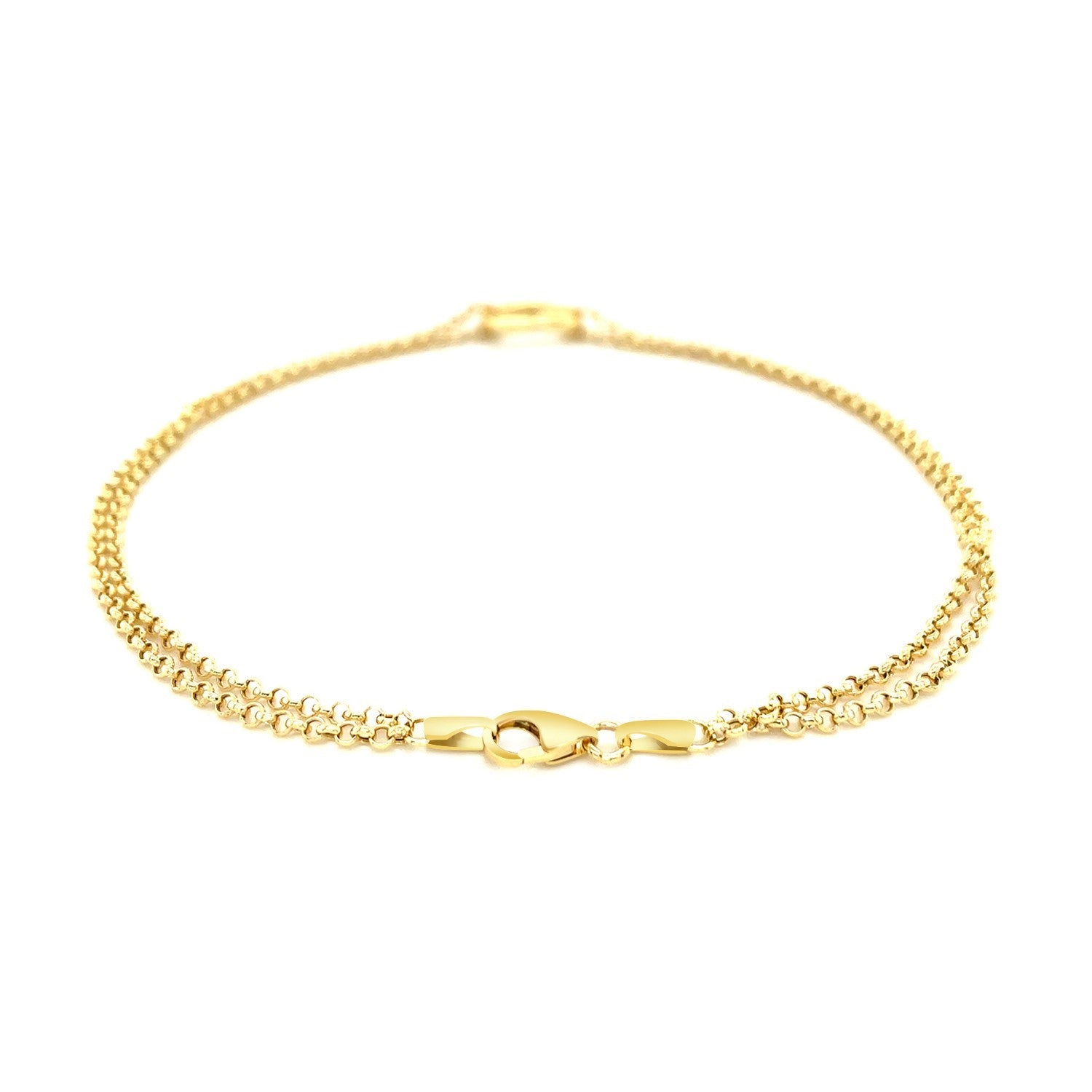 Bracelet de cheville à double chaîne rolo en or jaune 14 carats avec un pendentif cœur ouvert
