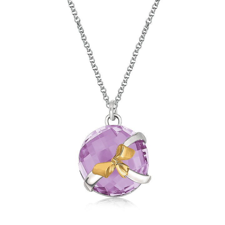 Pendentif rond en or jaune 18 carats et argent sterling avec motif nœud et améthyste rose
