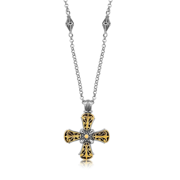 Pendentif croix de style antique fantaisie en or jaune 18 carats et argent sterling