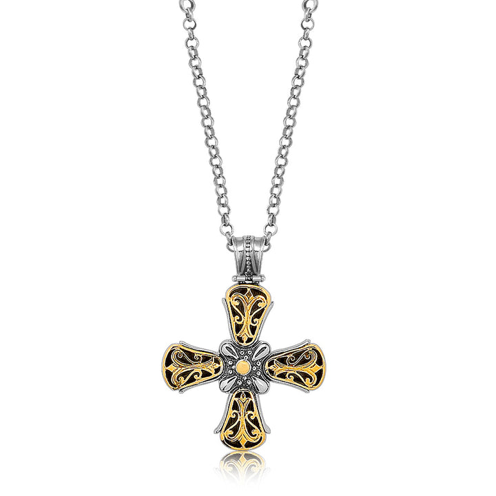 Pendentif croix de style antique fantaisie en or jaune 18 carats et argent sterling