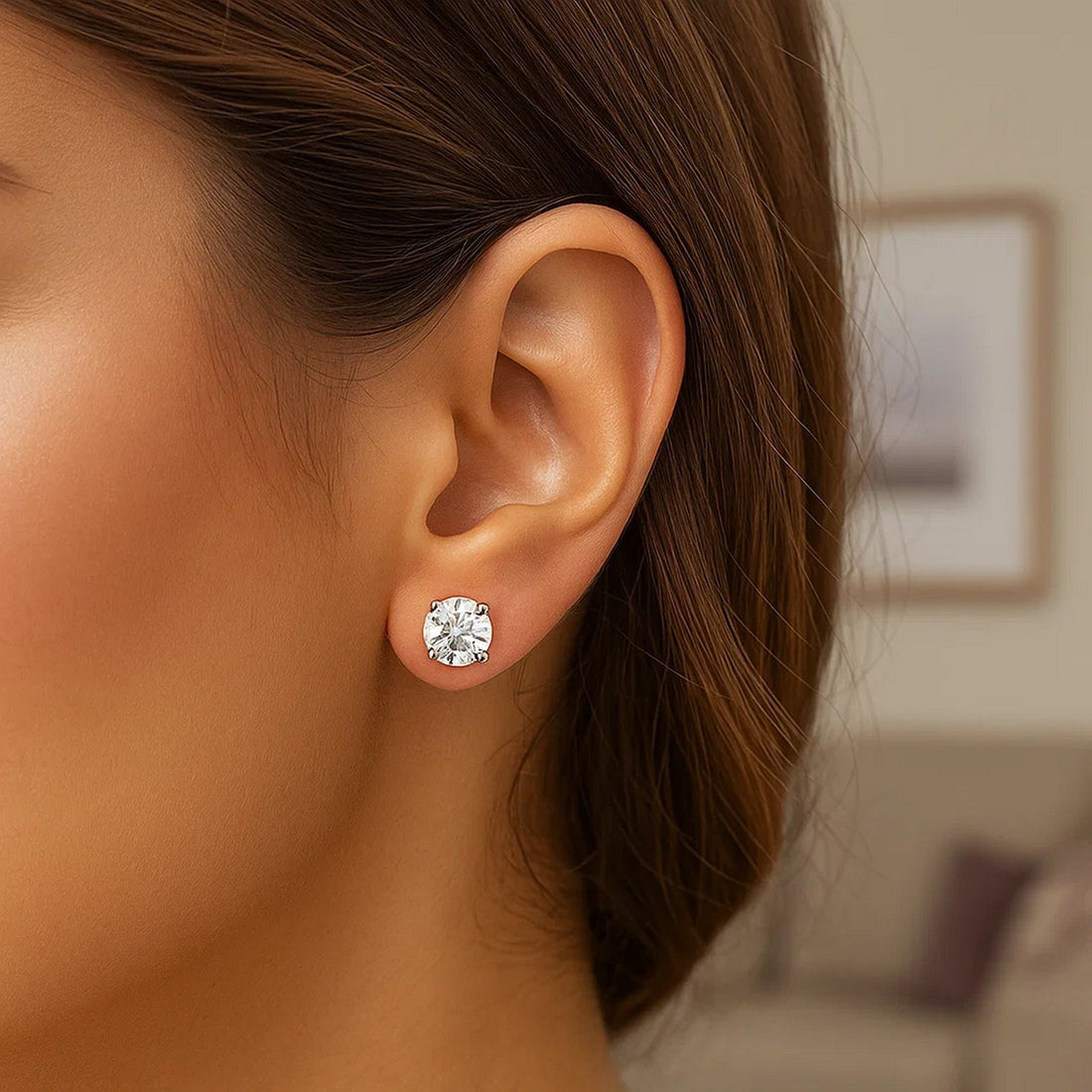 Sterling Silver Stud Earrings with White Hue Faceted Cubic Zirconia(6mm)