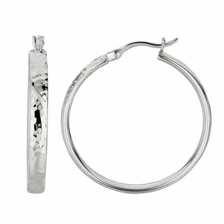 Boucles d'oreilles créoles en argent sterling martelé avec plaquage rhodium (4 x 30 mm)