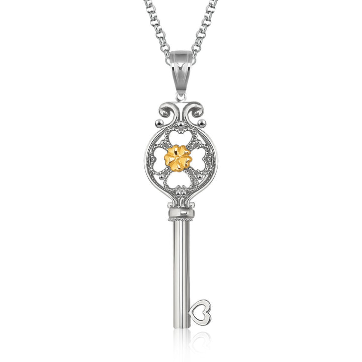 Pendentif clé floral de créateur en or jaune 14 carats et argent sterling
