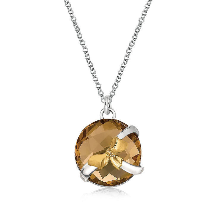 Pendentif rond en quartz whisky, or jaune 18 carats et argent sterling, motif nœud papillon