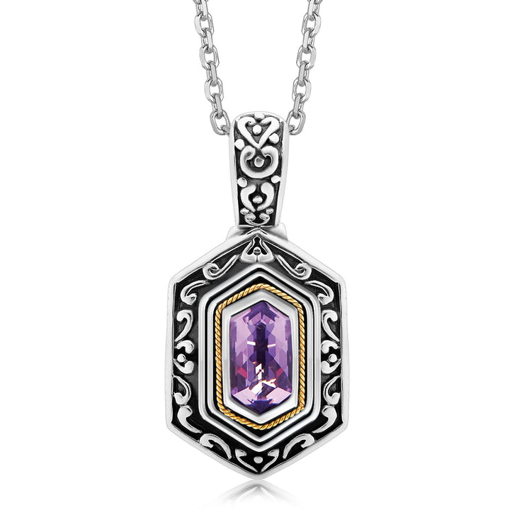 Pendentif hexagonal en améthyste d'inspiration antique, or jaune 18 carats et argent sterling