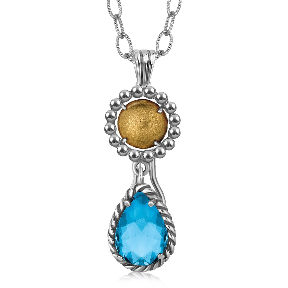 Pendentif en or jaune 18 carats et argent sterling avec topaze bleue en forme de larme