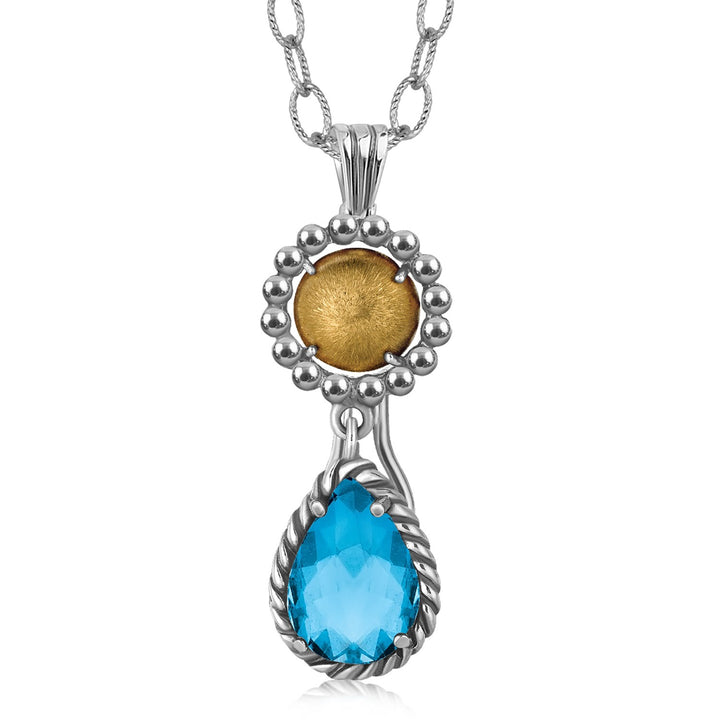 Pendentif en or jaune 18 carats et argent sterling avec topaze bleue en forme de larme