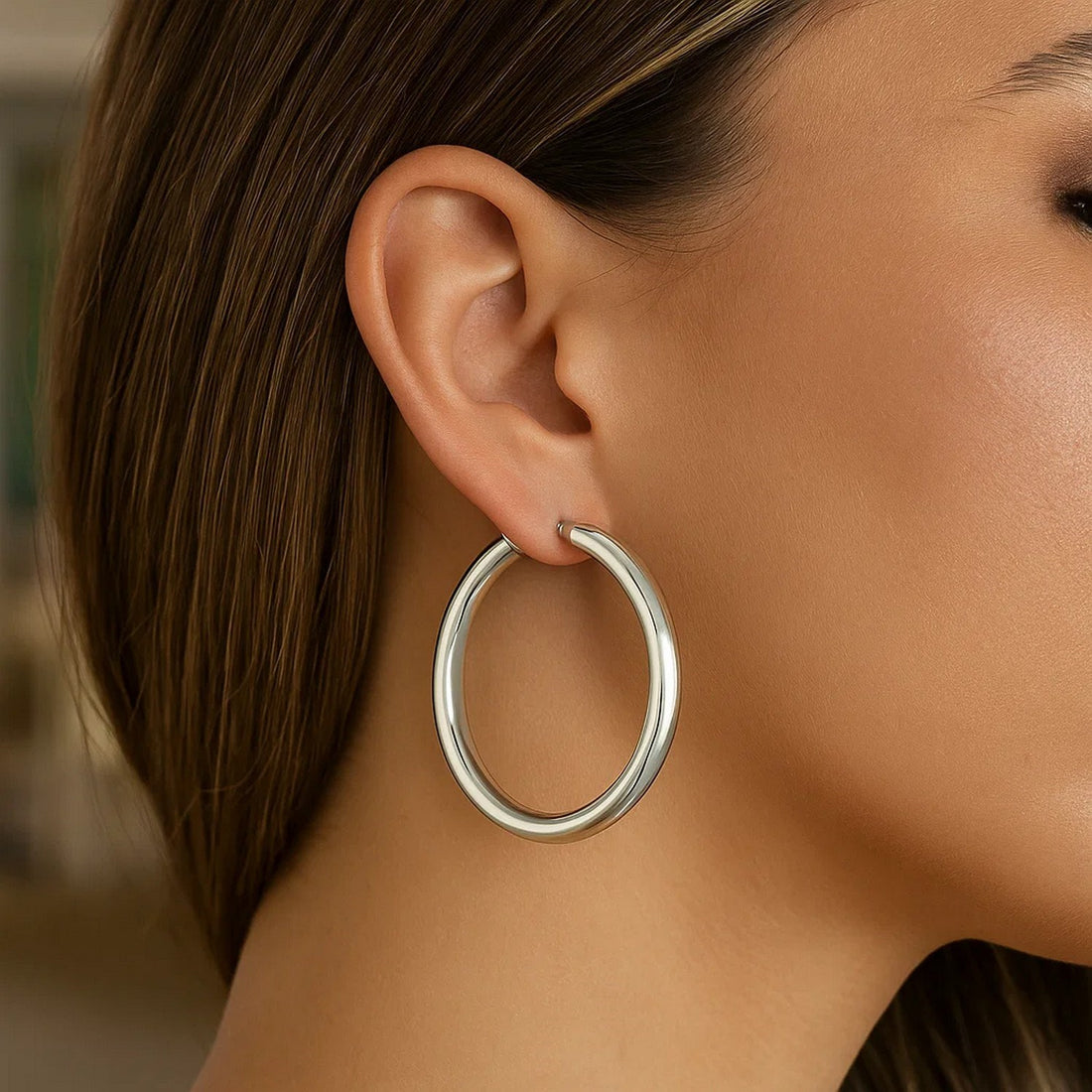 Sterling Silver Rhodium Plated Thick Large Polished Hoop Design Earrings(4x40mm)