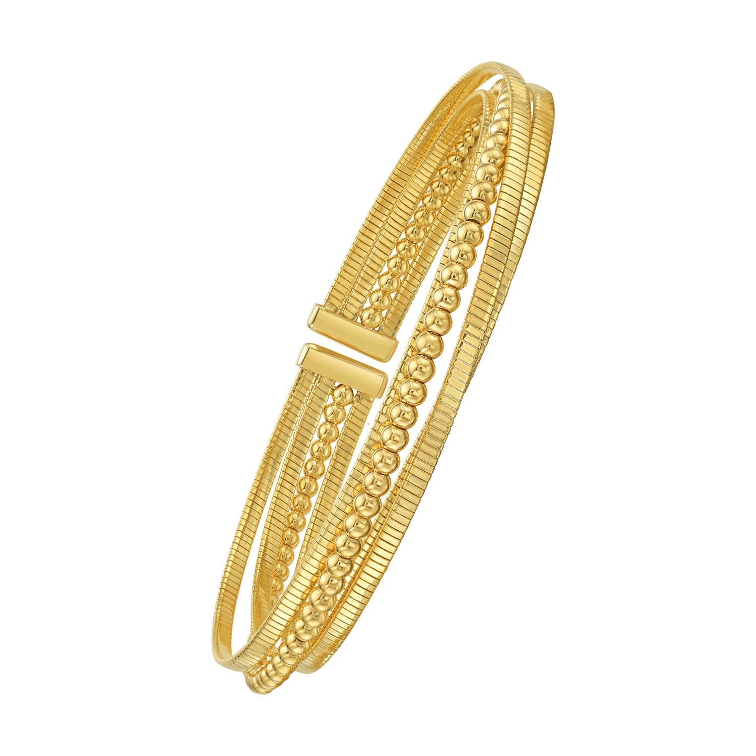 14K Yellow Gold Polished Omega And Beaded Layered Cuff (7.80 mm)