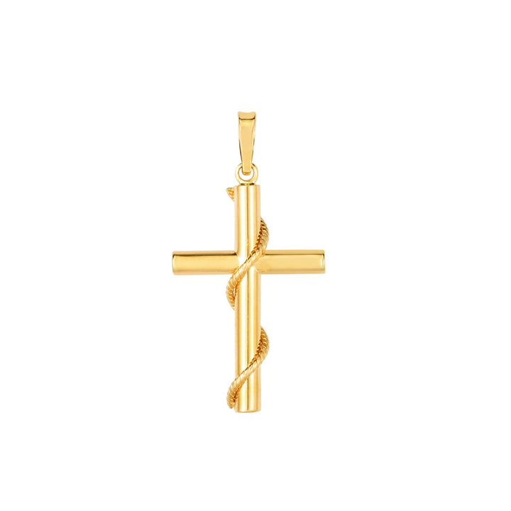 Pendentif croix tubulaire en or jaune 14 carats avec détails en corde