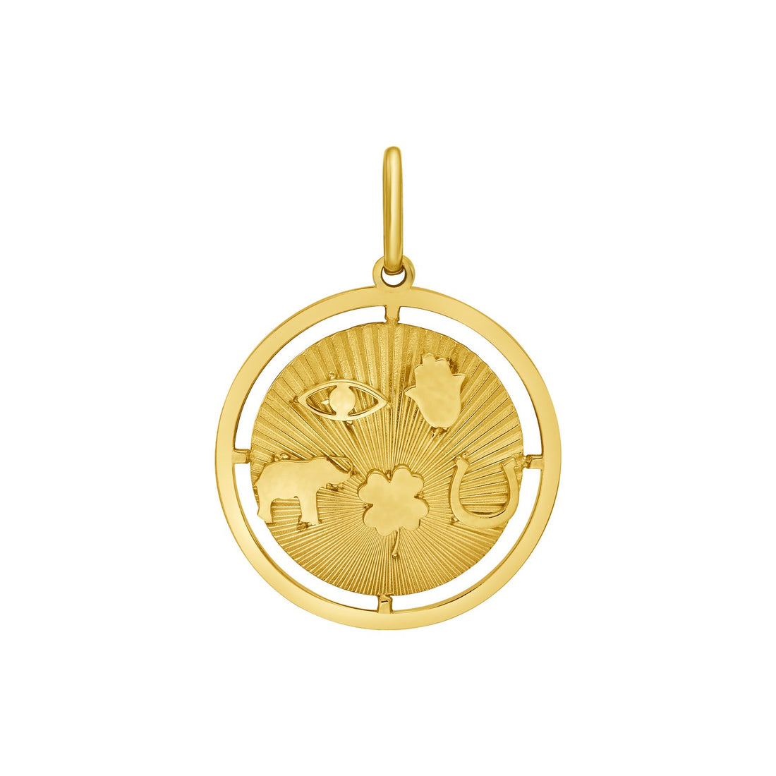 Pendentif porte-bonheur en or jaune 14 carats poli, orné de symboles porte-bonheur