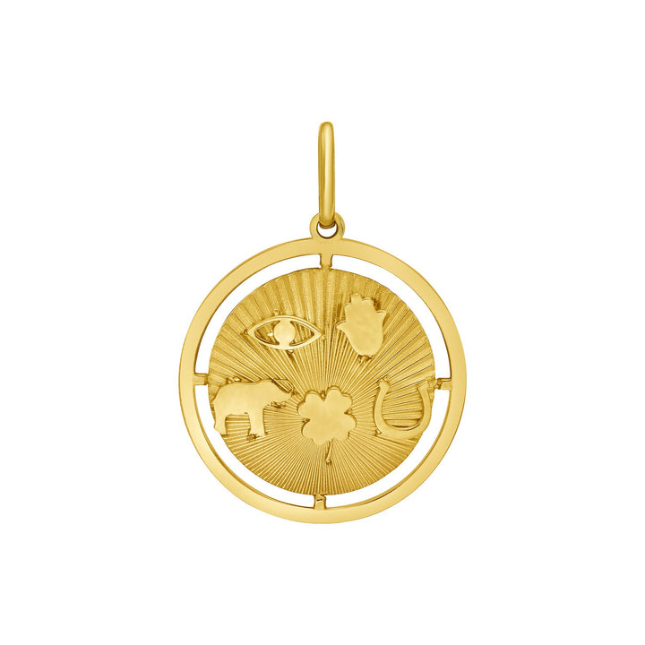 Pendentif porte-bonheur en or jaune 14 carats poli, orné de symboles porte-bonheur