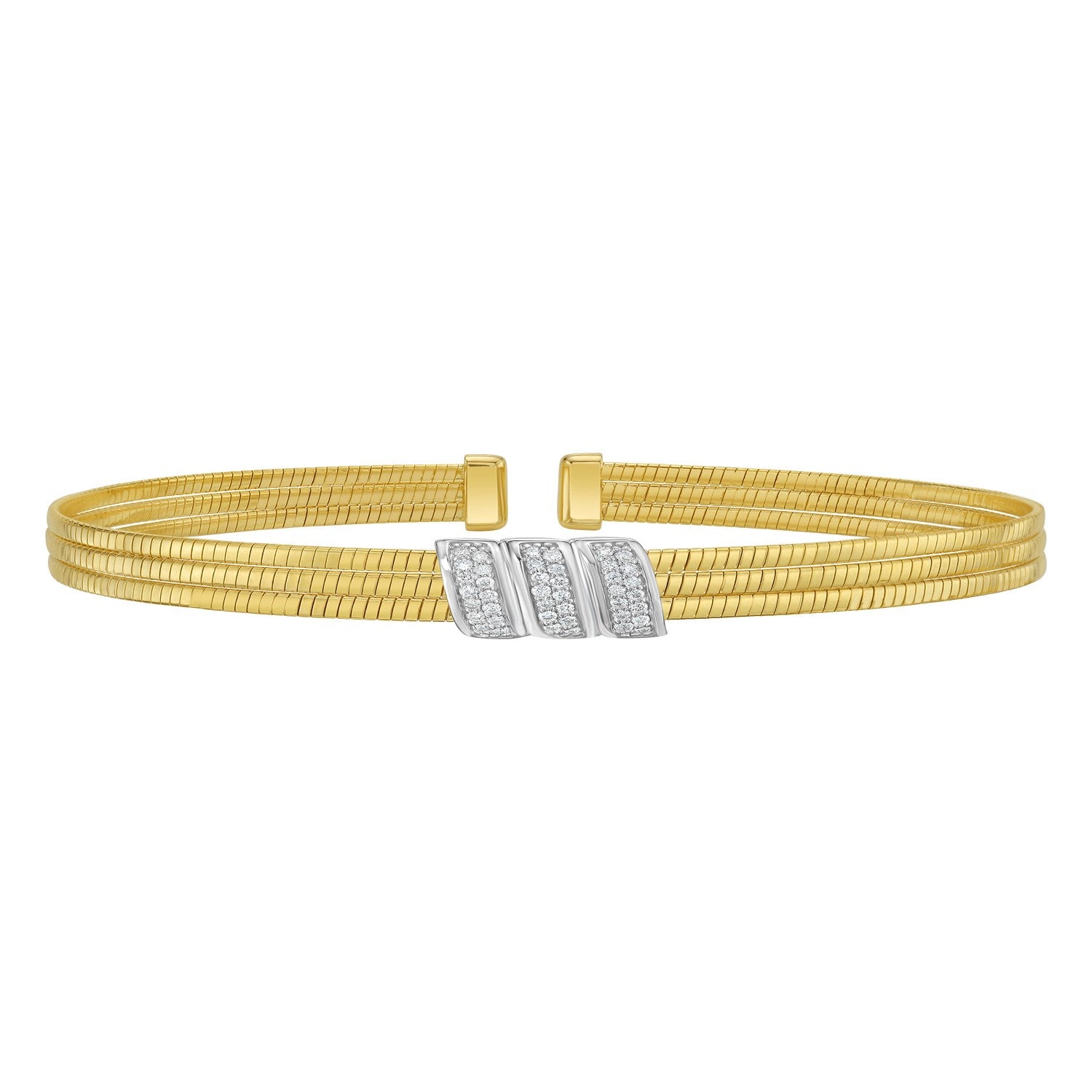 14K Yellow Gold Triple Row Diamond Omega Cuff Bangle